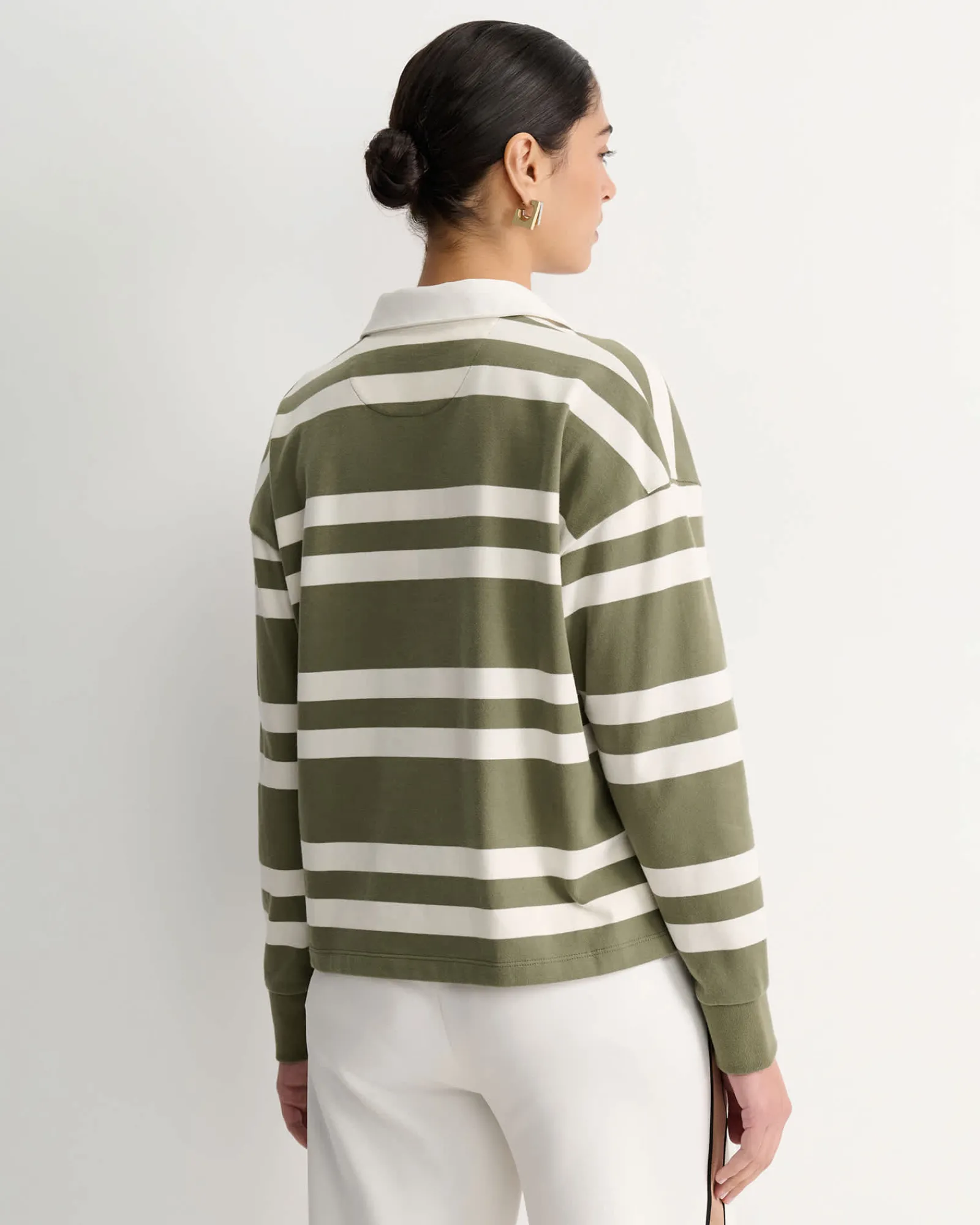 Clearance Sportscraft Jane Cropped Rugby Shirt in Khakiwhite Khaki/white