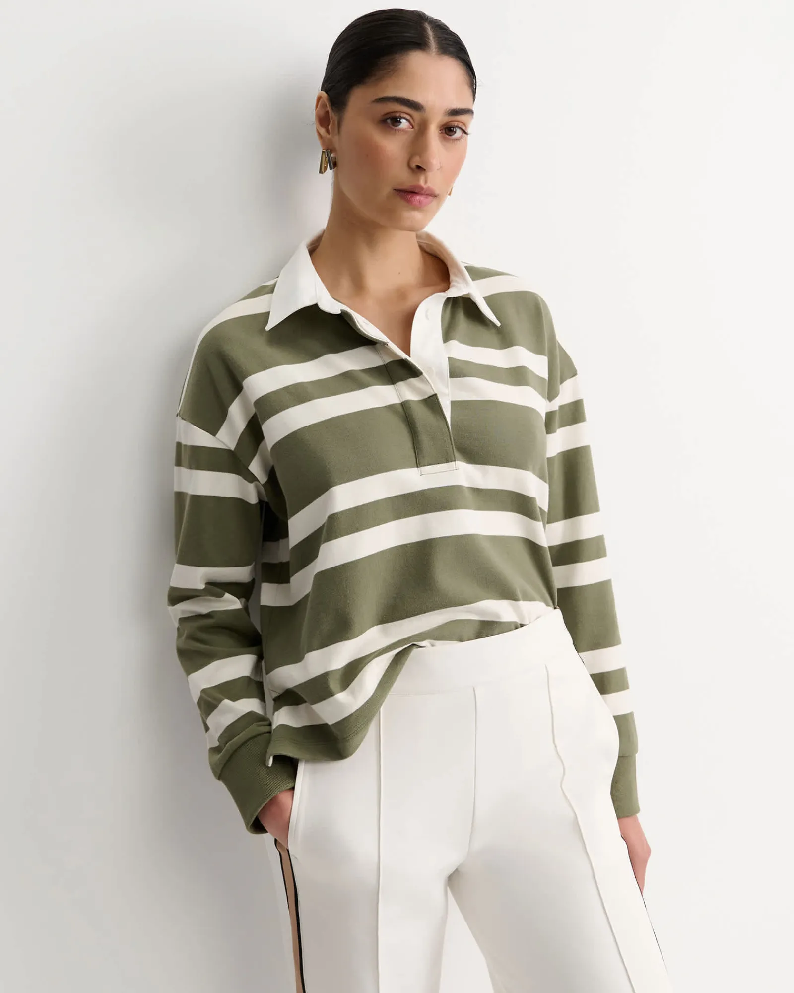 Clearance Sportscraft Jane Cropped Rugby Shirt in Khakiwhite Khaki/white