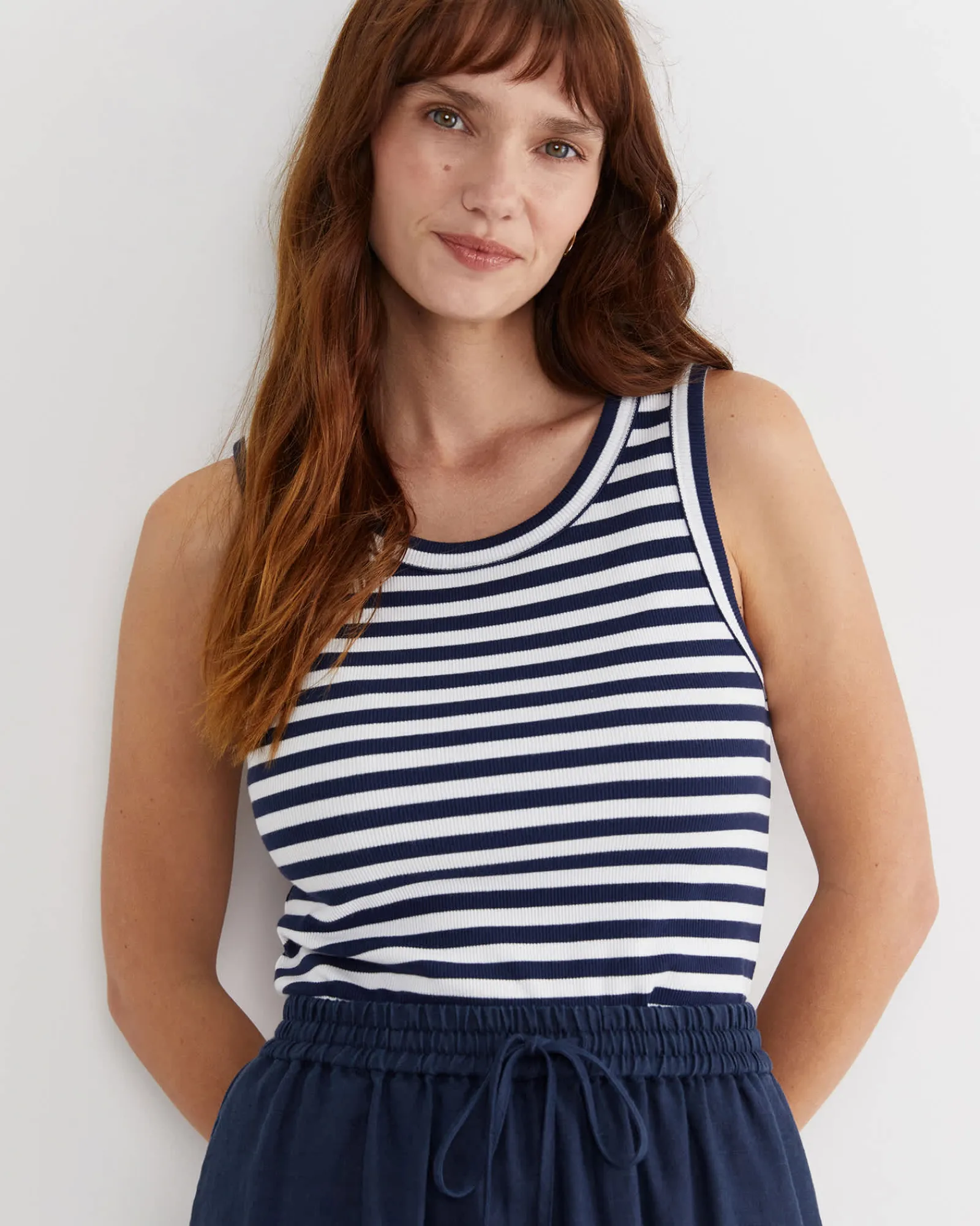 Fashion Sportscraft Julia Stripe Rib Tank in Whitenavy White/navy
