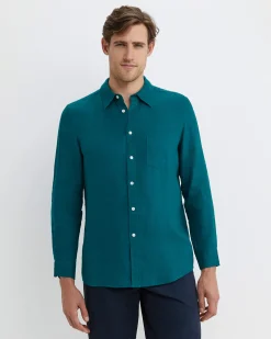 Clearance Sportscraft Long Sleeve Linen Shirt in Dark Teal DarkTeal