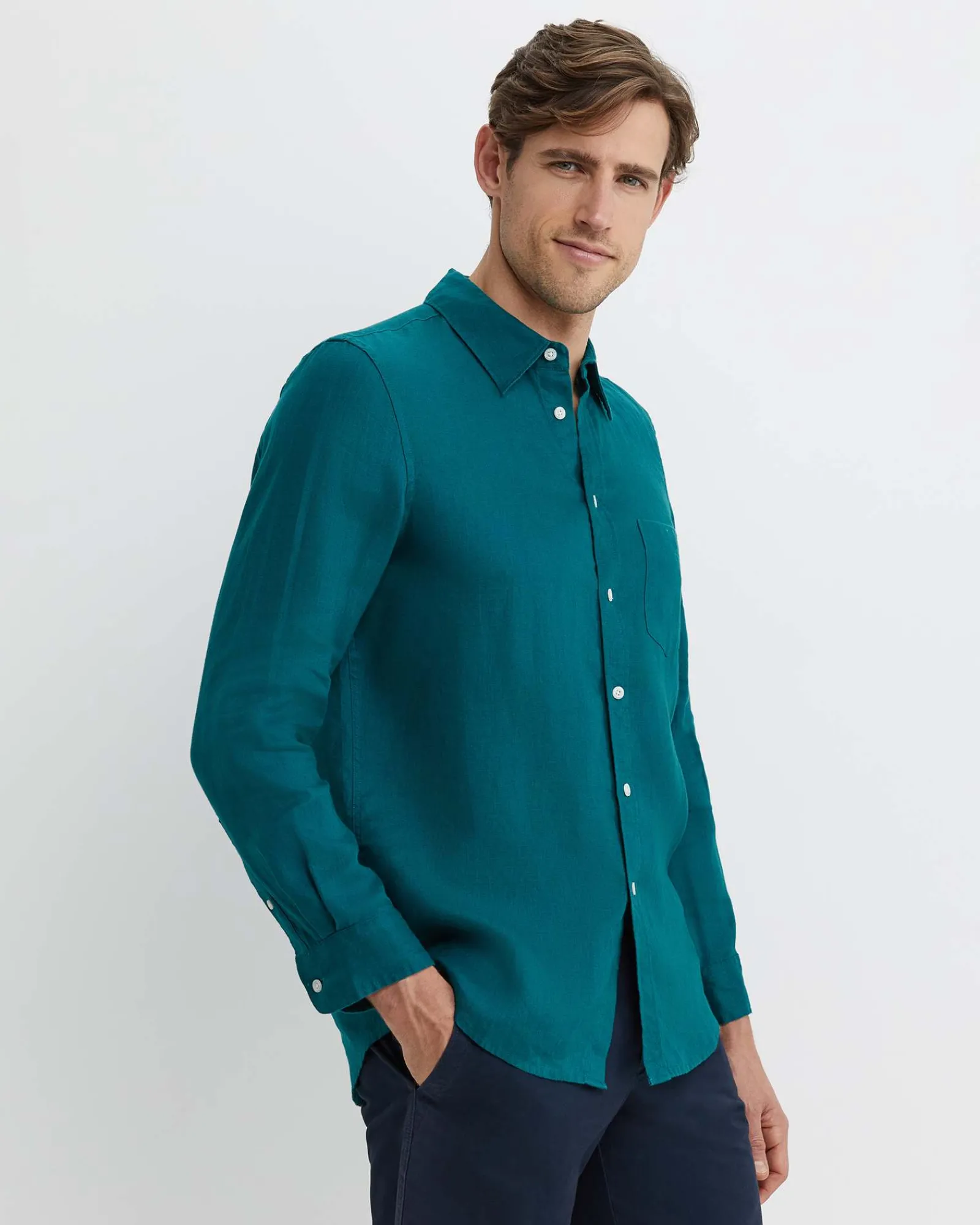 Clearance Sportscraft Long Sleeve Linen Shirt in Dark Teal DarkTeal