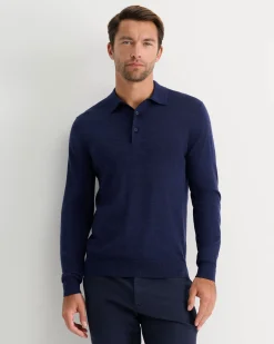 Sale Sportscraft Long Sleeve Merino Knit Polo in Navy