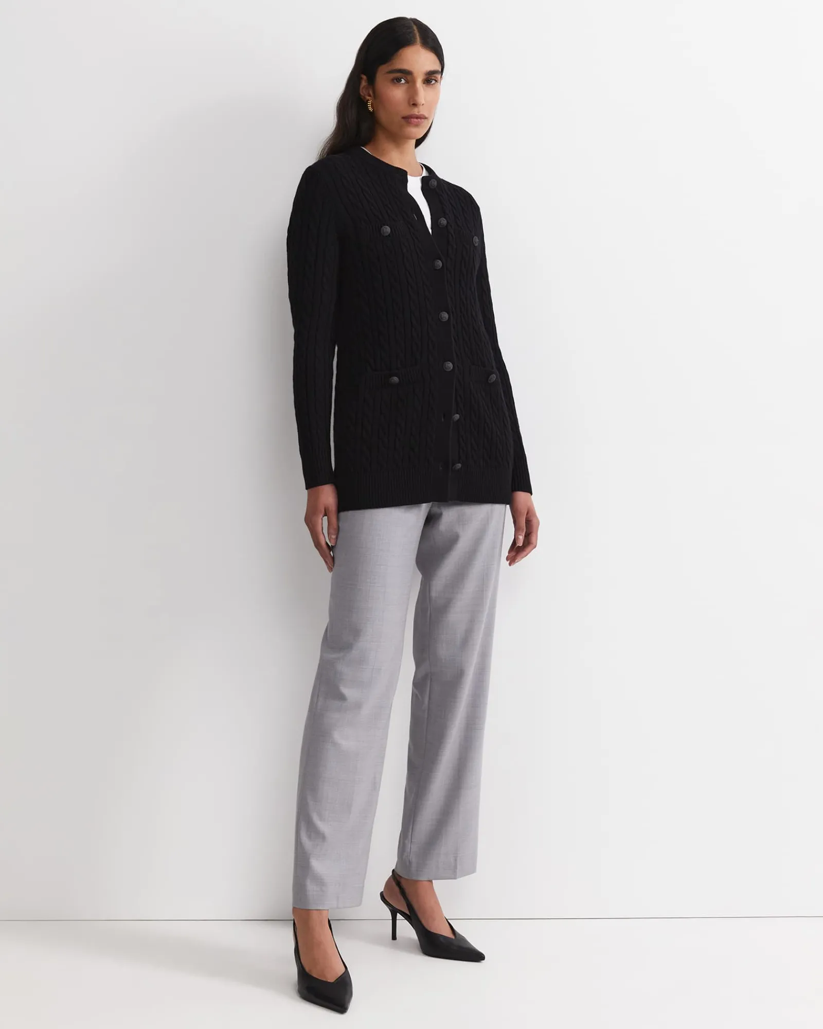 Outlet Sportscraft Longline Merino Blend Cable Cardigan in Black