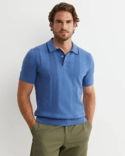 Discount Sportscraft Luka Short Sleeve Knit Polo in Smoke Blue SmokeBlue