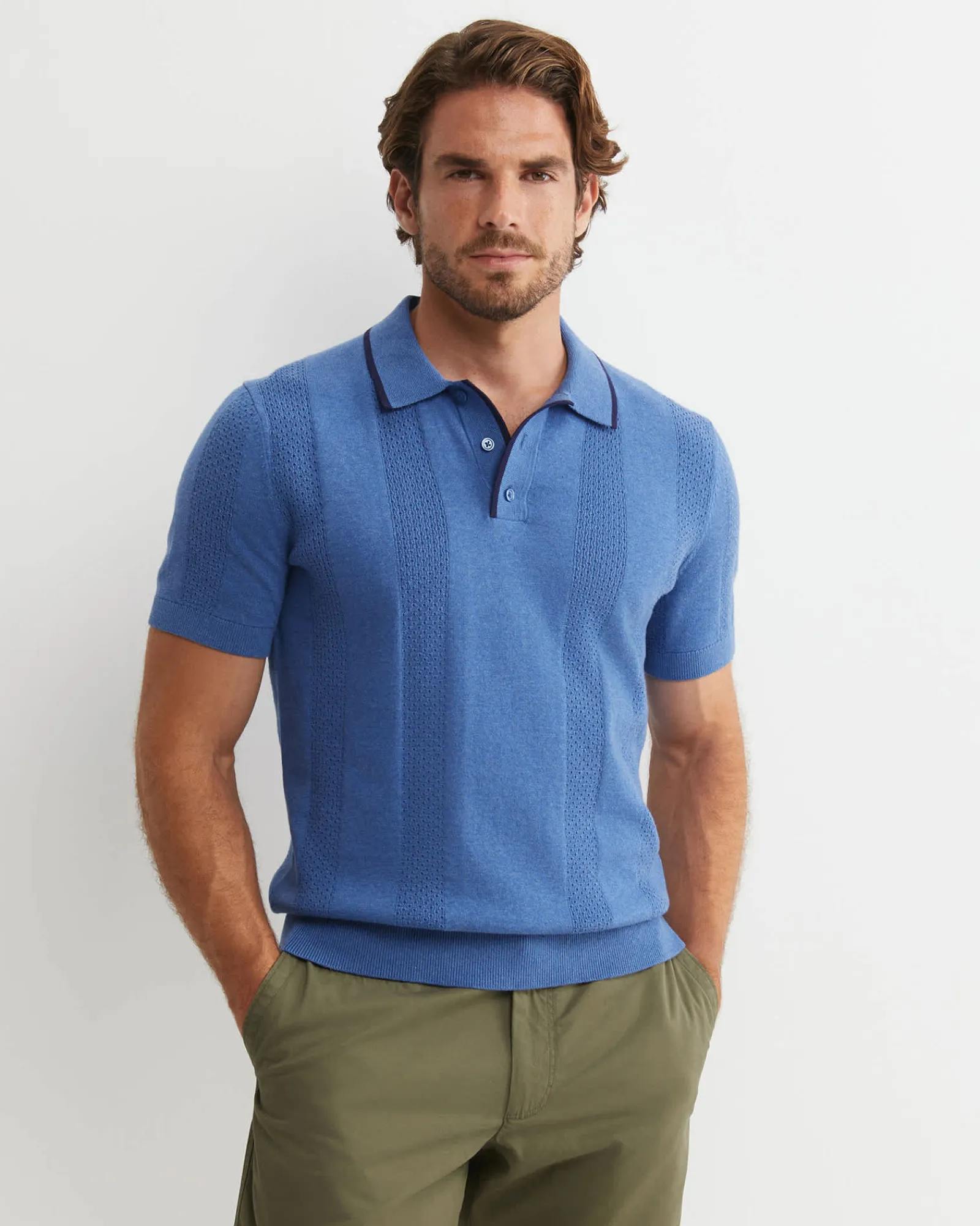 Discount Sportscraft Luka Short Sleeve Knit Polo in Smoke Blue SmokeBlue