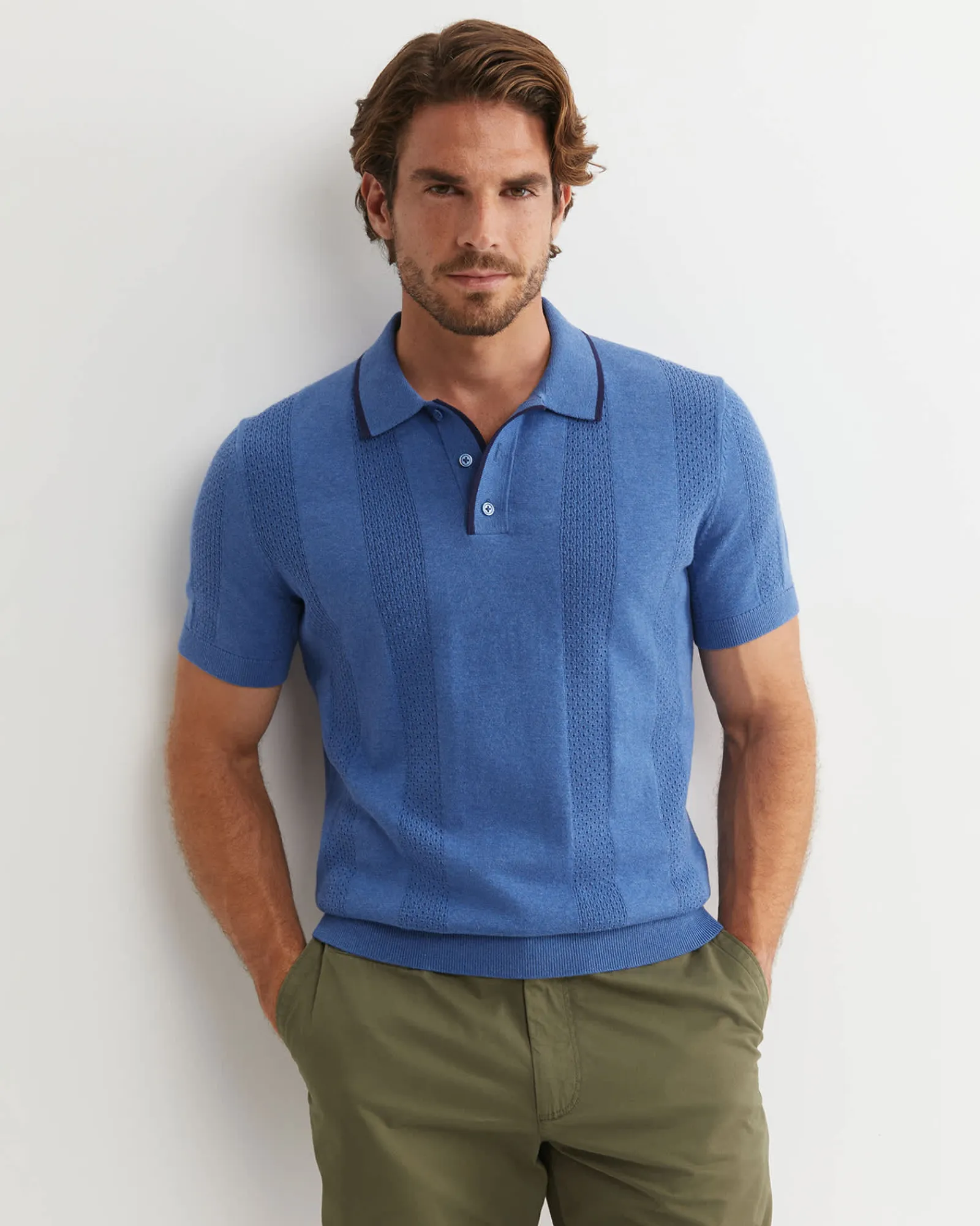 Discount Sportscraft Luka Short Sleeve Knit Polo in Smoke Blue SmokeBlue
