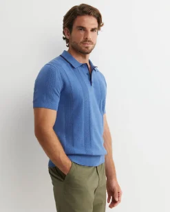 Discount Sportscraft Luka Short Sleeve Knit Polo in Smoke Blue SmokeBlue