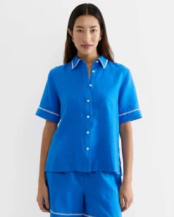 Discount Sportscraft Lulu Blanket Stitch Linen Shirt in Peacock