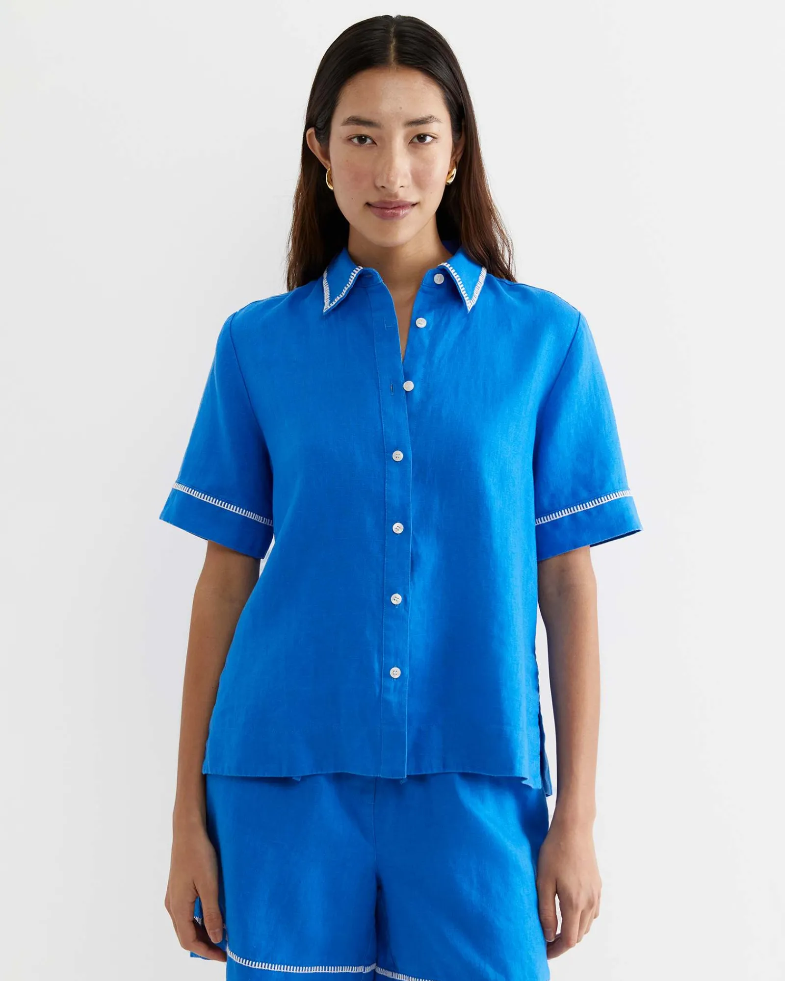 Discount Sportscraft Lulu Blanket Stitch Linen Shirt in Peacock