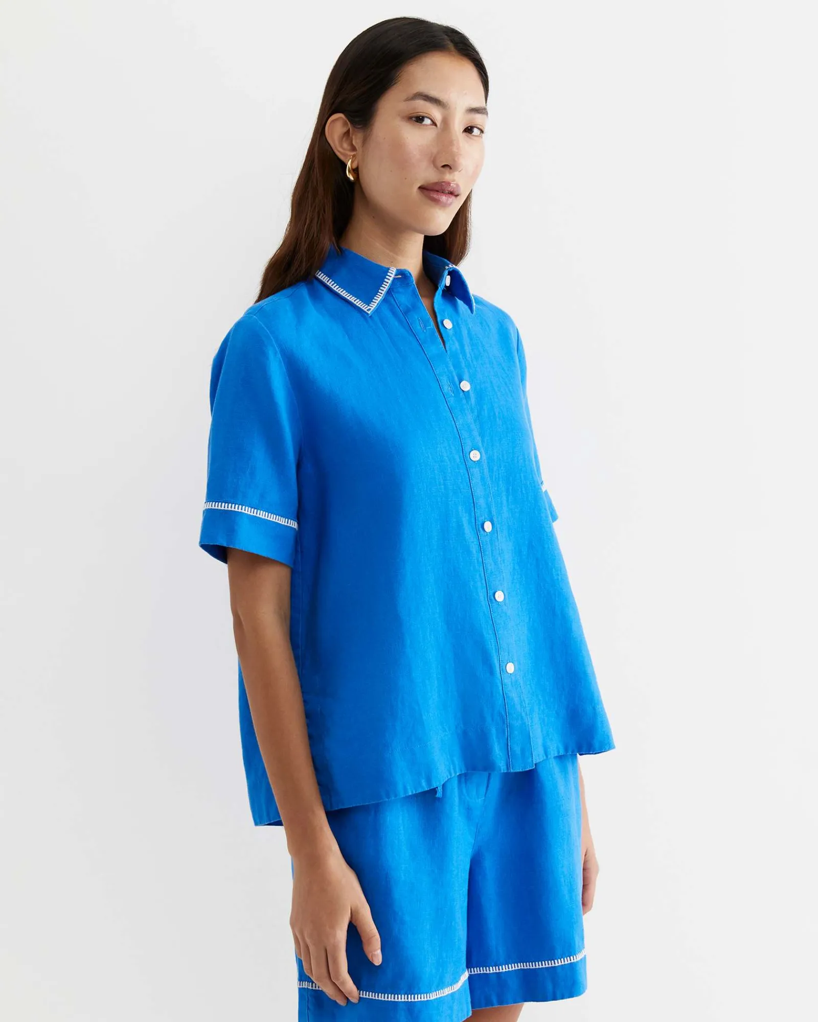Discount Sportscraft Lulu Blanket Stitch Linen Shirt in Peacock
