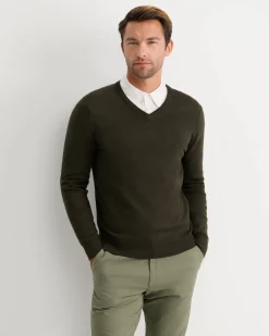 Sale Sportscraft Merino V-Neck Knit in Dark Khaki DarkKhaki