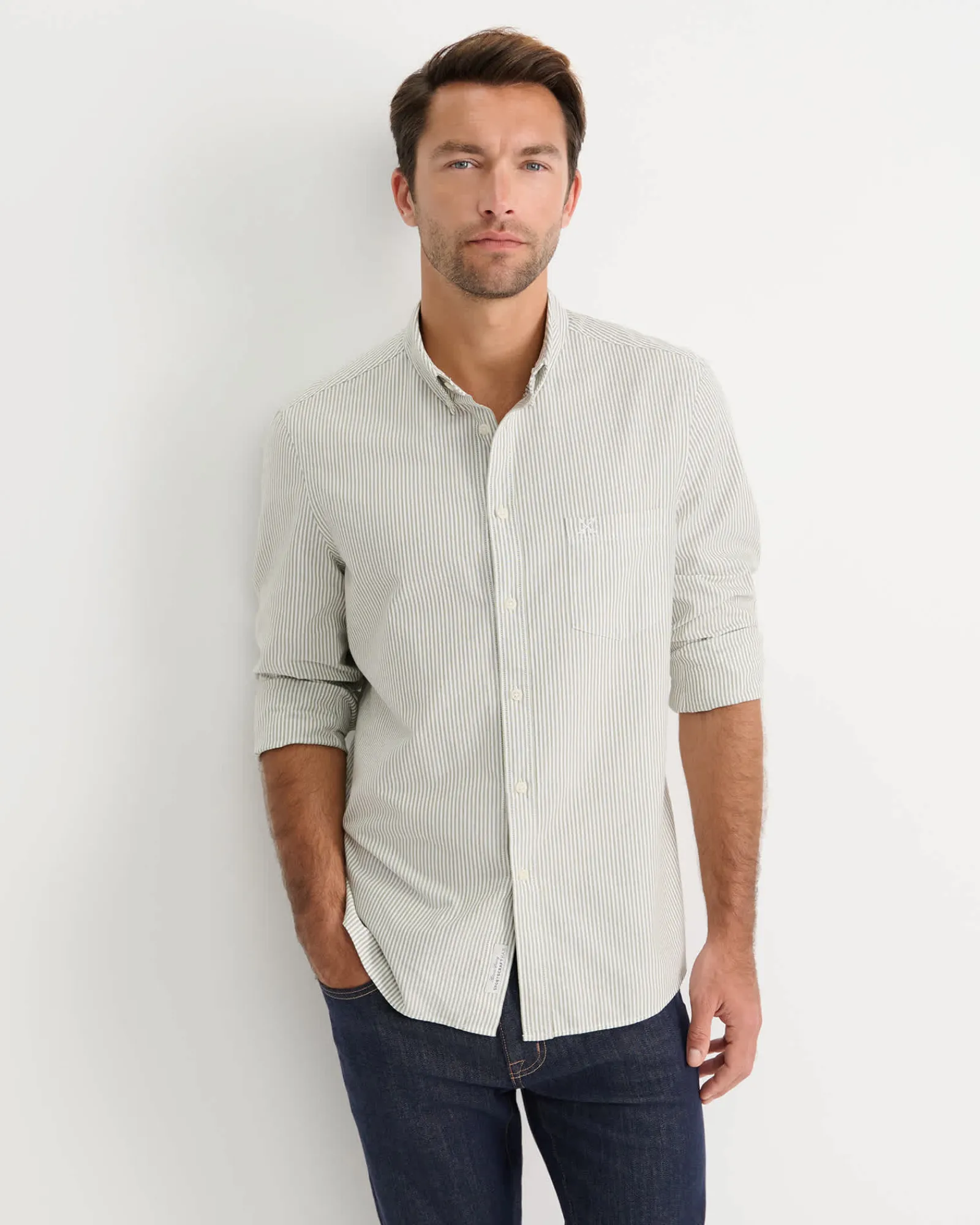 Best Sportscraft Oxford Stripe Long Sleeve Shirt in Khaki