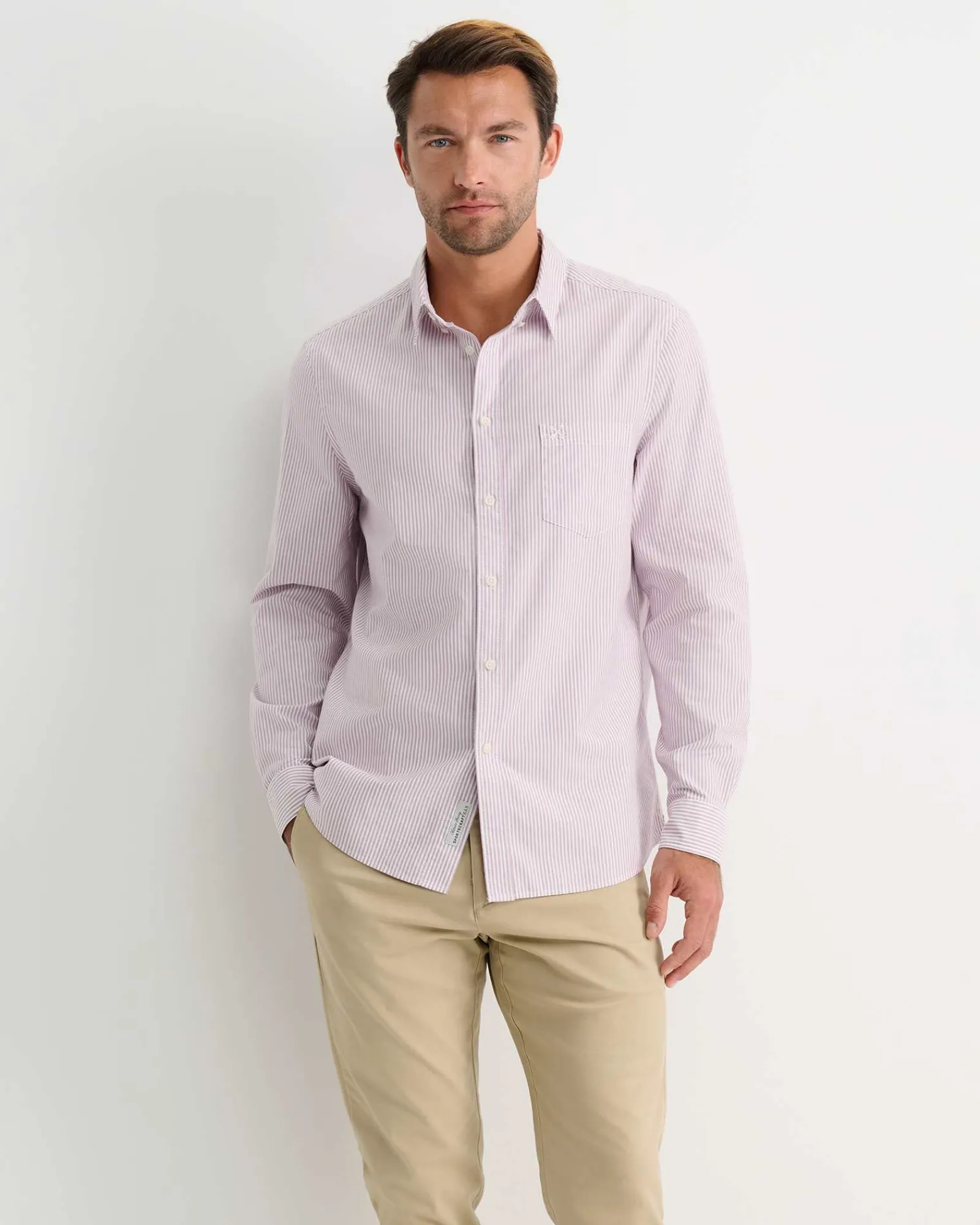 New Sportscraft Oxford Stripe Long Sleeve Shirt in Fig