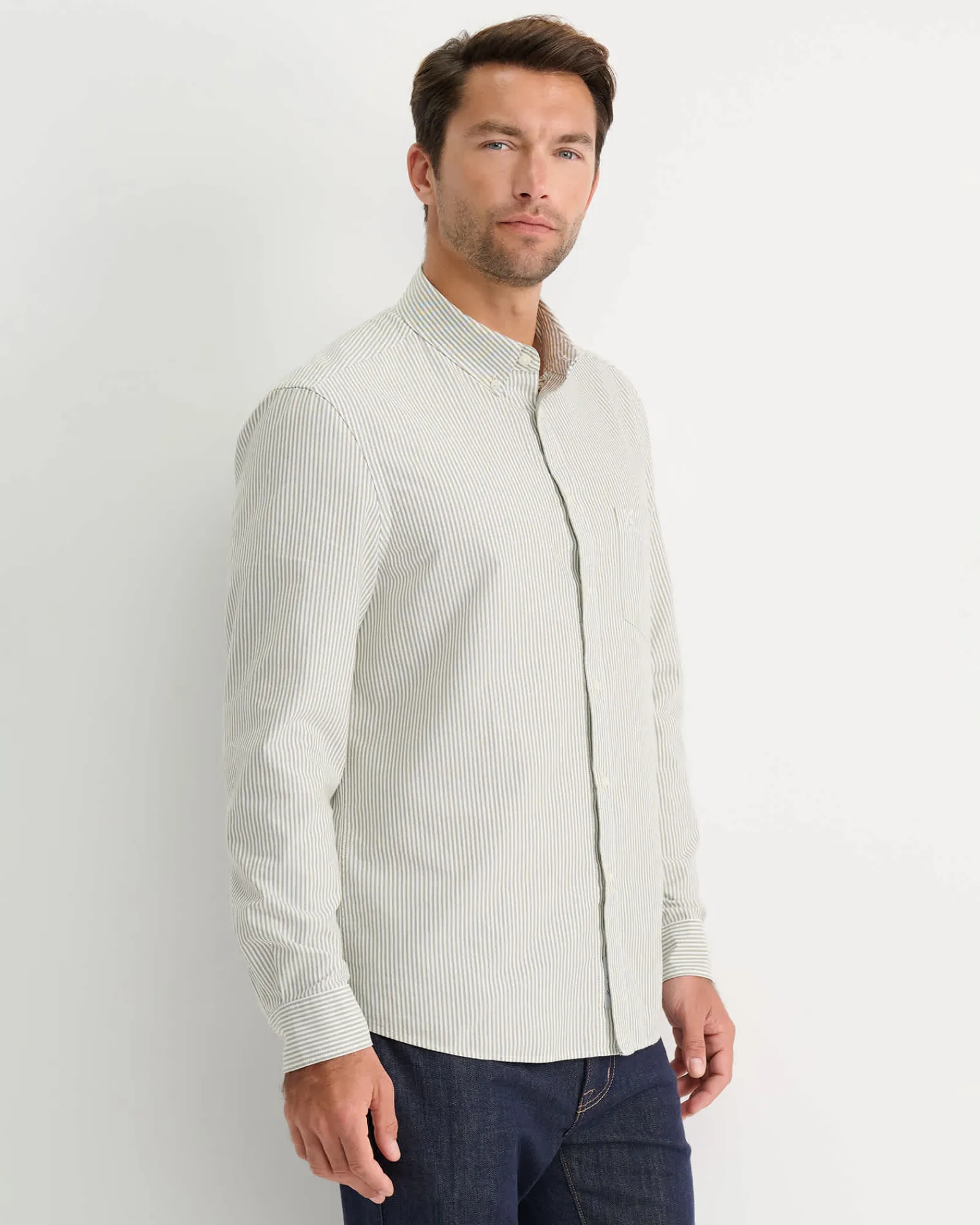 Best Sportscraft Oxford Stripe Long Sleeve Shirt in Khaki