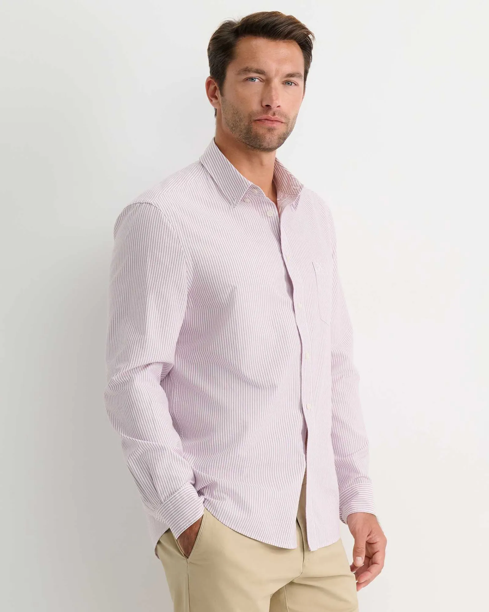 New Sportscraft Oxford Stripe Long Sleeve Shirt in Fig