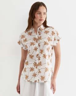 Sale Sportscraft Palm Short Sleeve Lily Voile Shirt in Tanwhite Tan/white