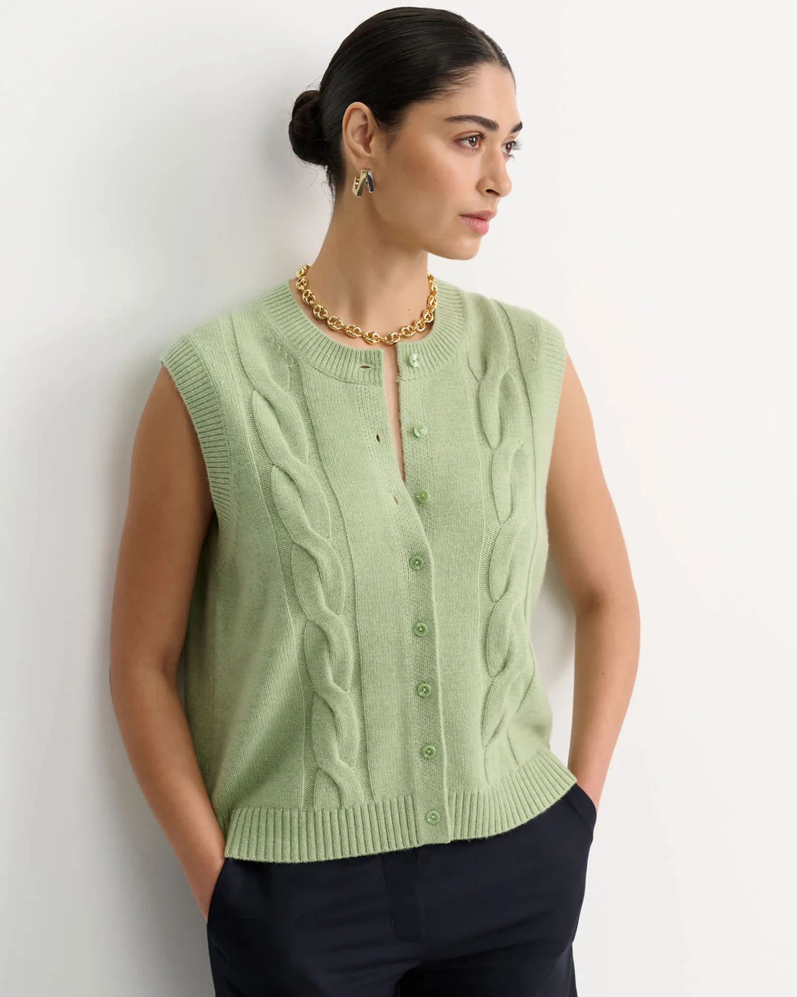 New Sportscraft Pearl Chunky Cable Vest in Avocado