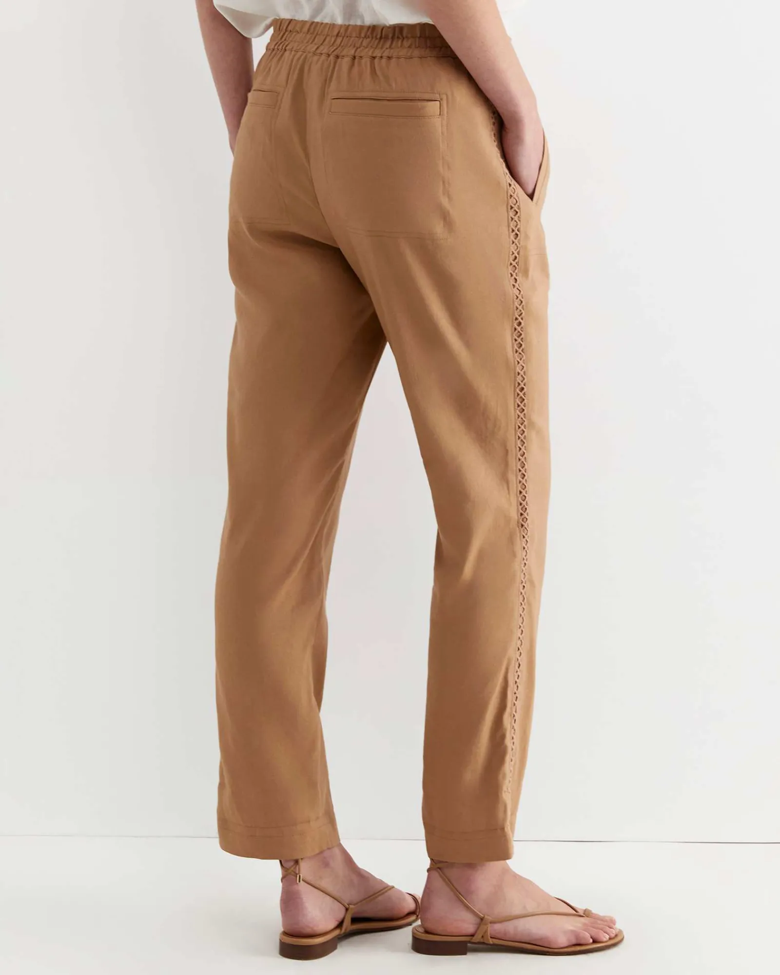 Outlet Sportscraft Rosa Lace Trim Linen Pant in Tan