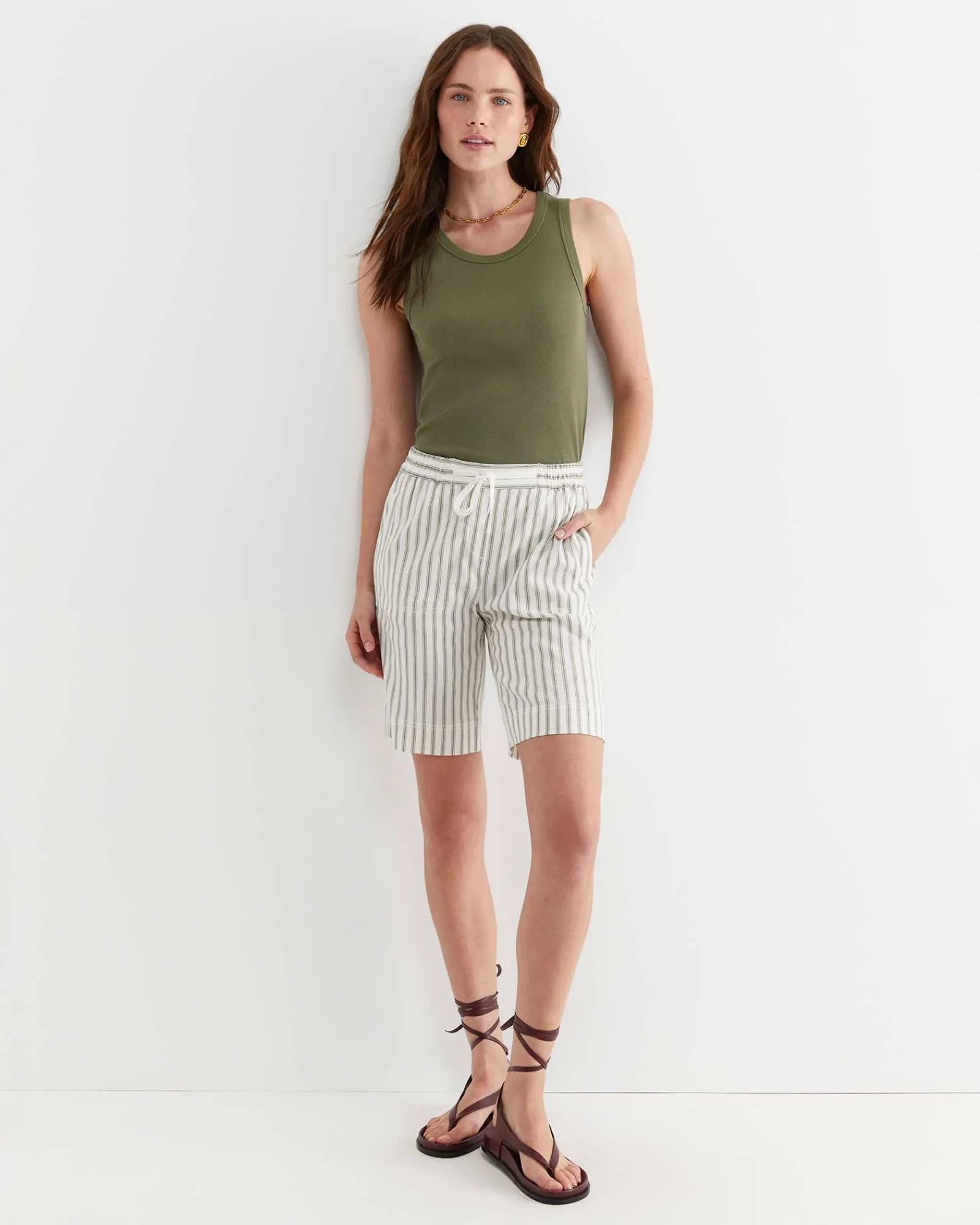 Best Sportscraft Rosa Stripe Linen Short in Whitekhaki White/khaki