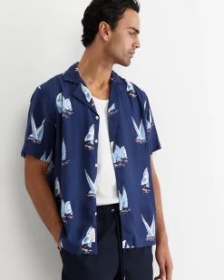 Discount Sportscraft Sail Away Short Sleeve Cuban Shirt in Navy