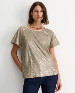 New Sportscraft Sammi Sequin Short Sleeve Top in Gold