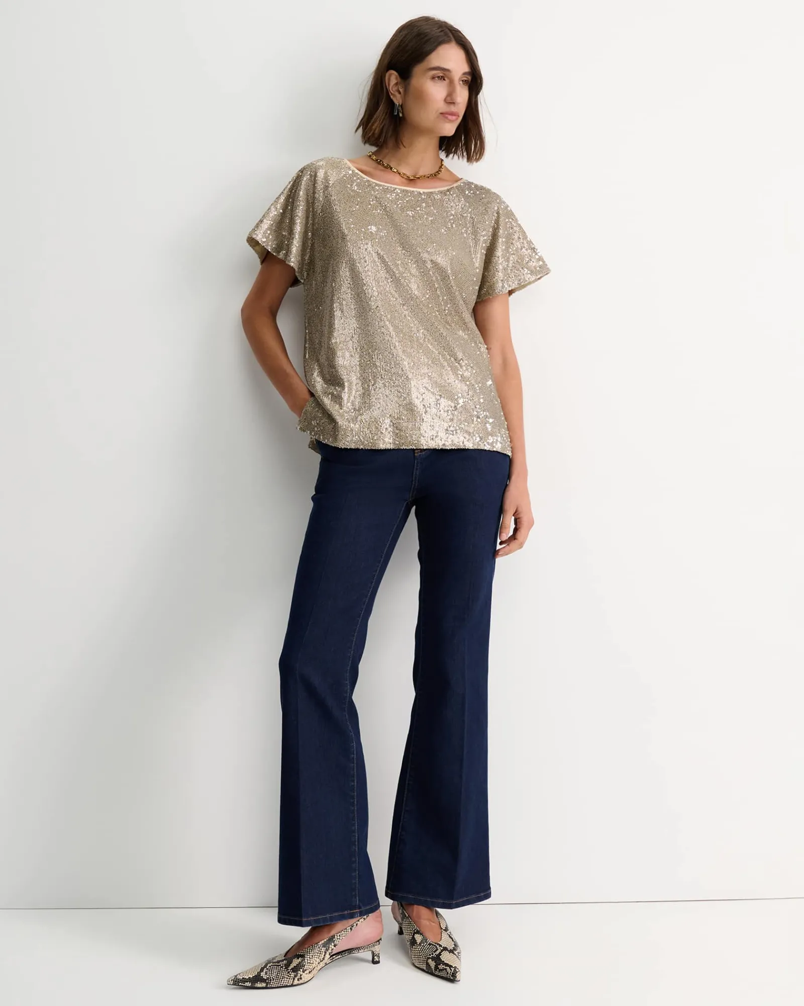 New Sportscraft Sammi Sequin Short Sleeve Top in Gold