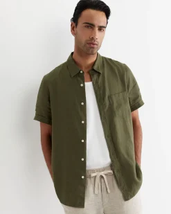 Outlet Sportscraft Short Sleeve Linen Shirt in Khaki
