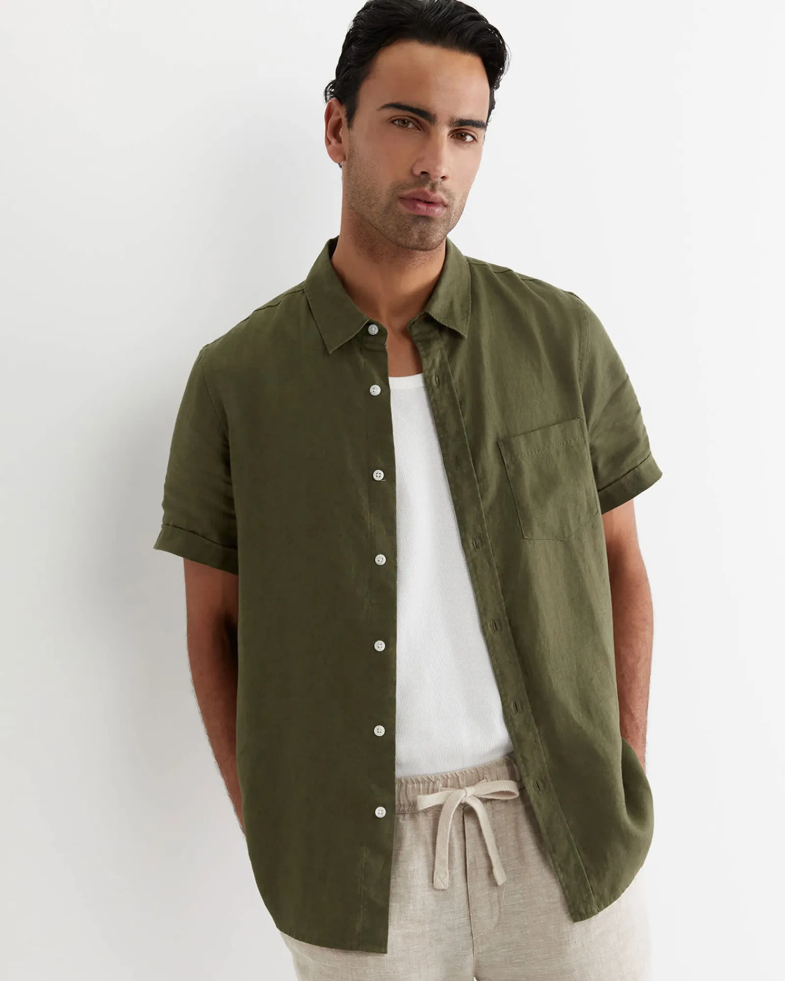 Outlet Sportscraft Short Sleeve Linen Shirt in Khaki