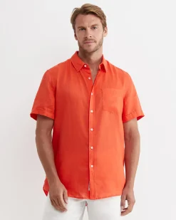 Outlet Sportscraft Short Sleeve Linen Shirt in Tangerine