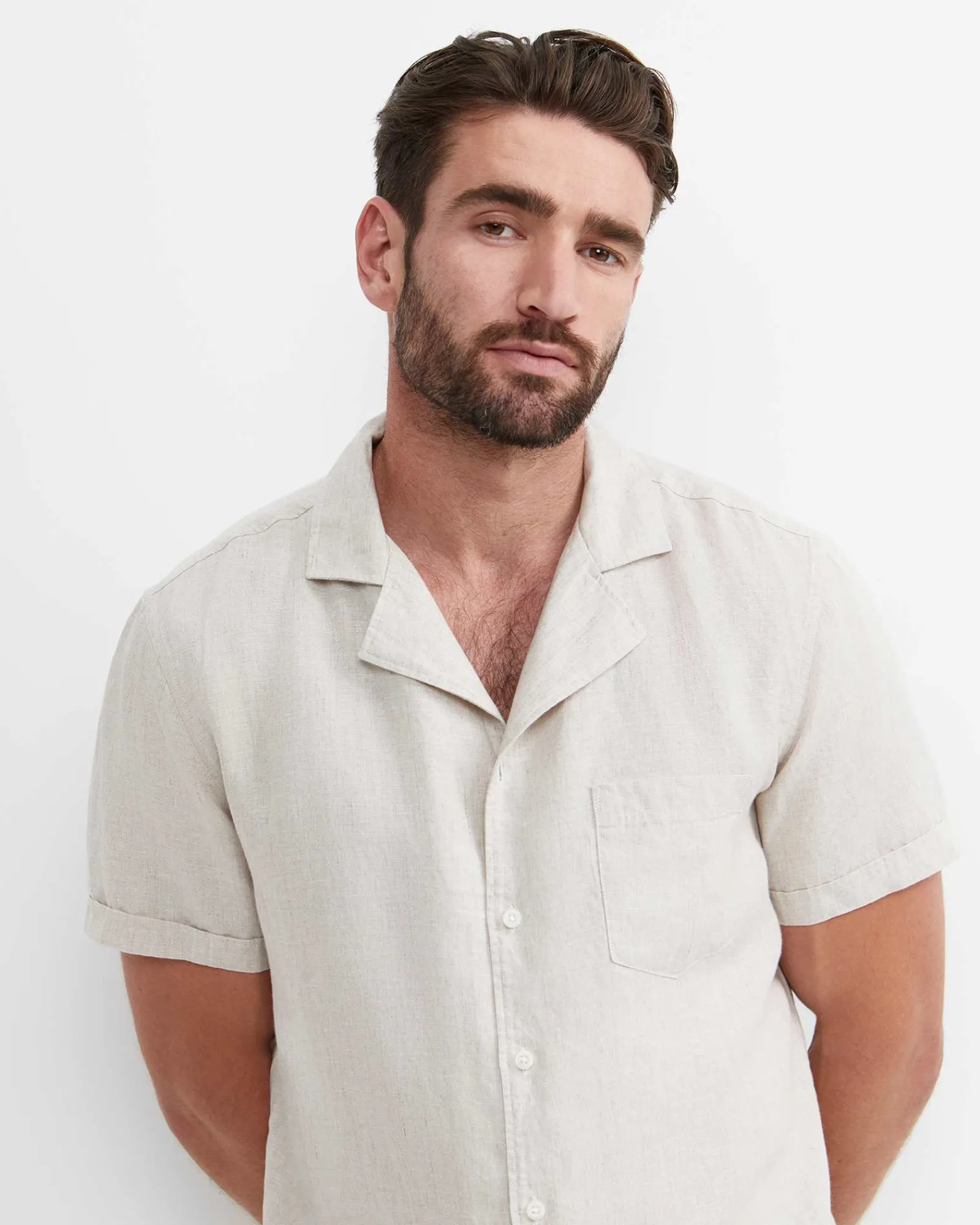 New Sportscraft Short Sleeve Stanton Linen Shirt in Natural