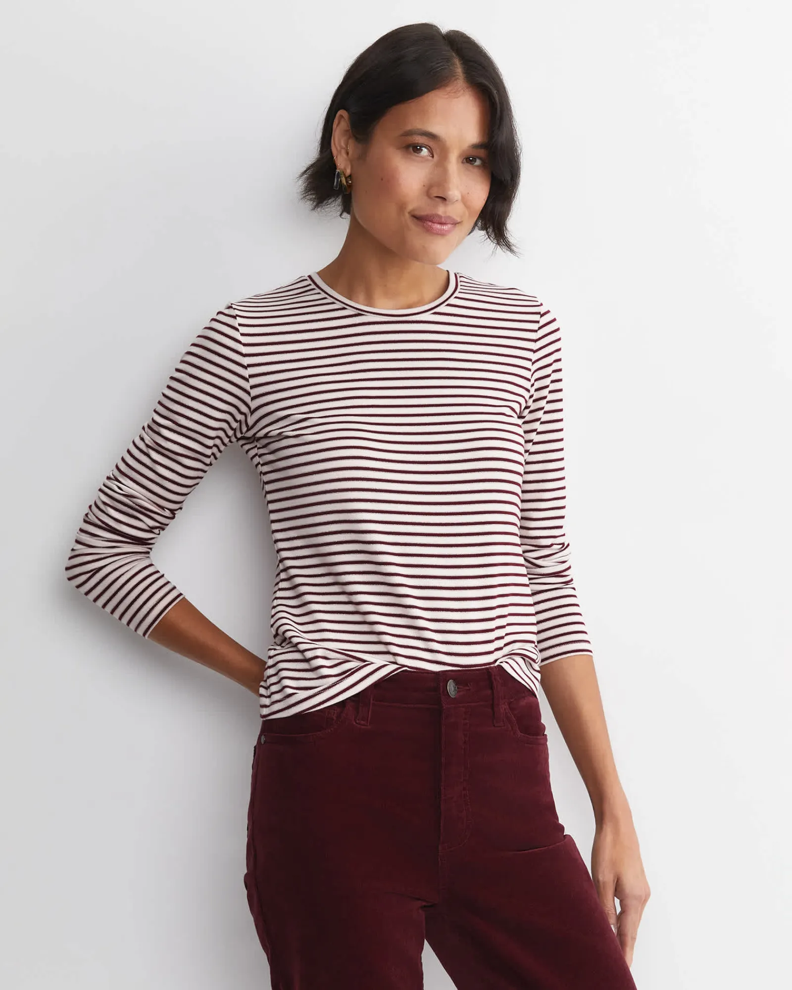 Fashion Sportscraft Stripe Lurex Long Sleeve Magic Tee in Wine