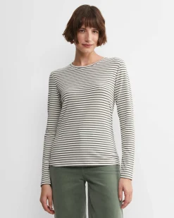 Clearance Sportscraft Stripe Lurex Long Sleeve Magic Tee in Whitekhaki White/khaki