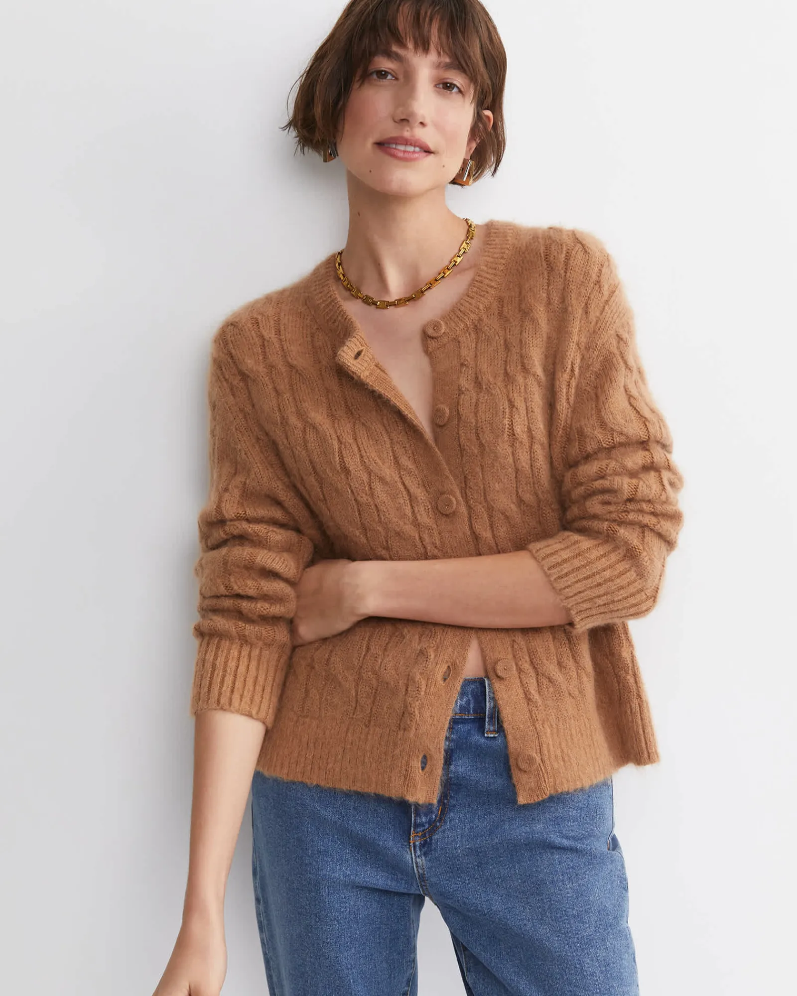 Fashion Sportscraft Tatiana Mohair Cable Cardigan in Camel
