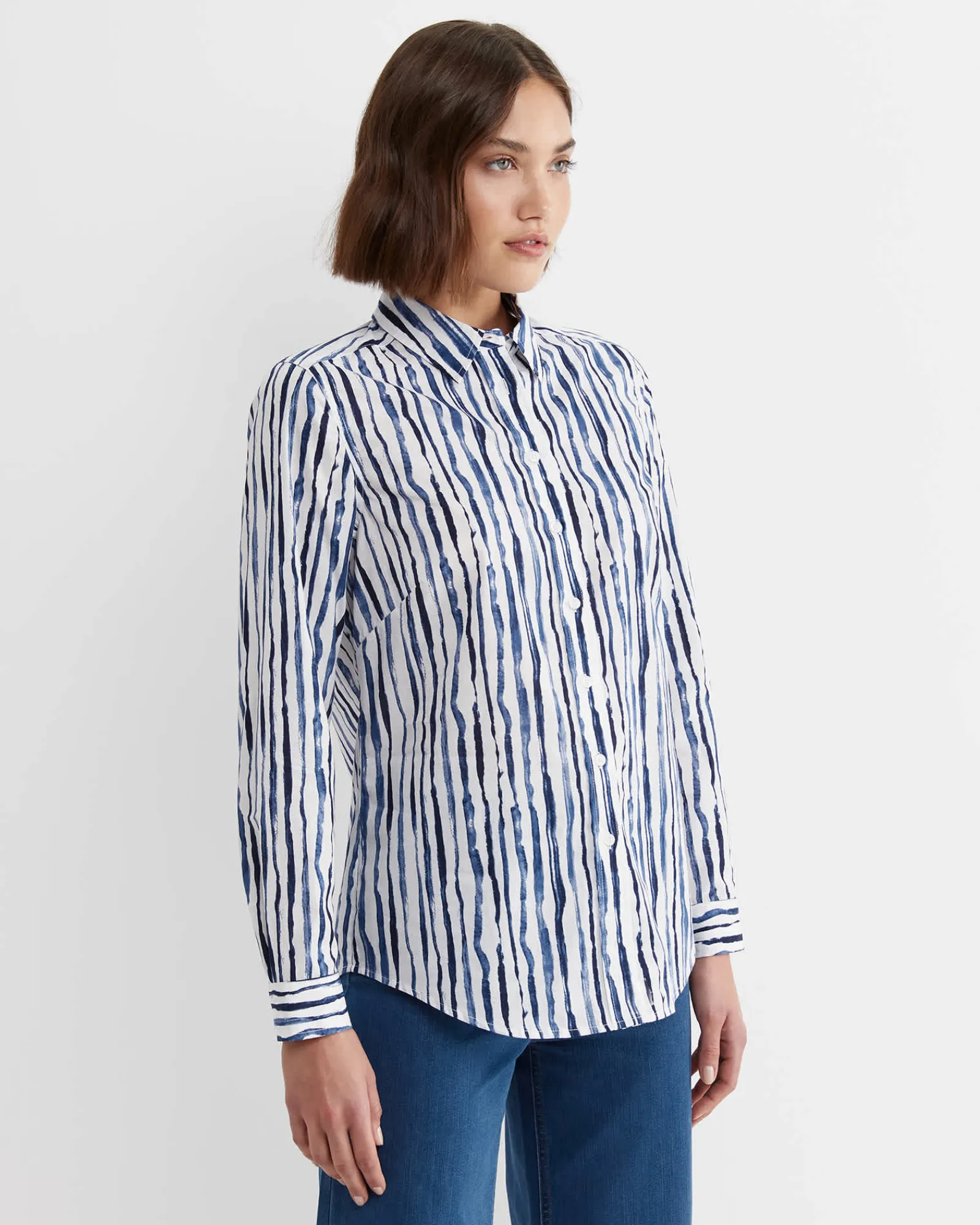Clearance Sportscraft Tina Stripe Lily Voile Shirt in Navywhite Navy/white
