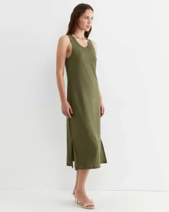 Clearance Sportscraft Tonia Linen Tank Midi Dress in Khaki