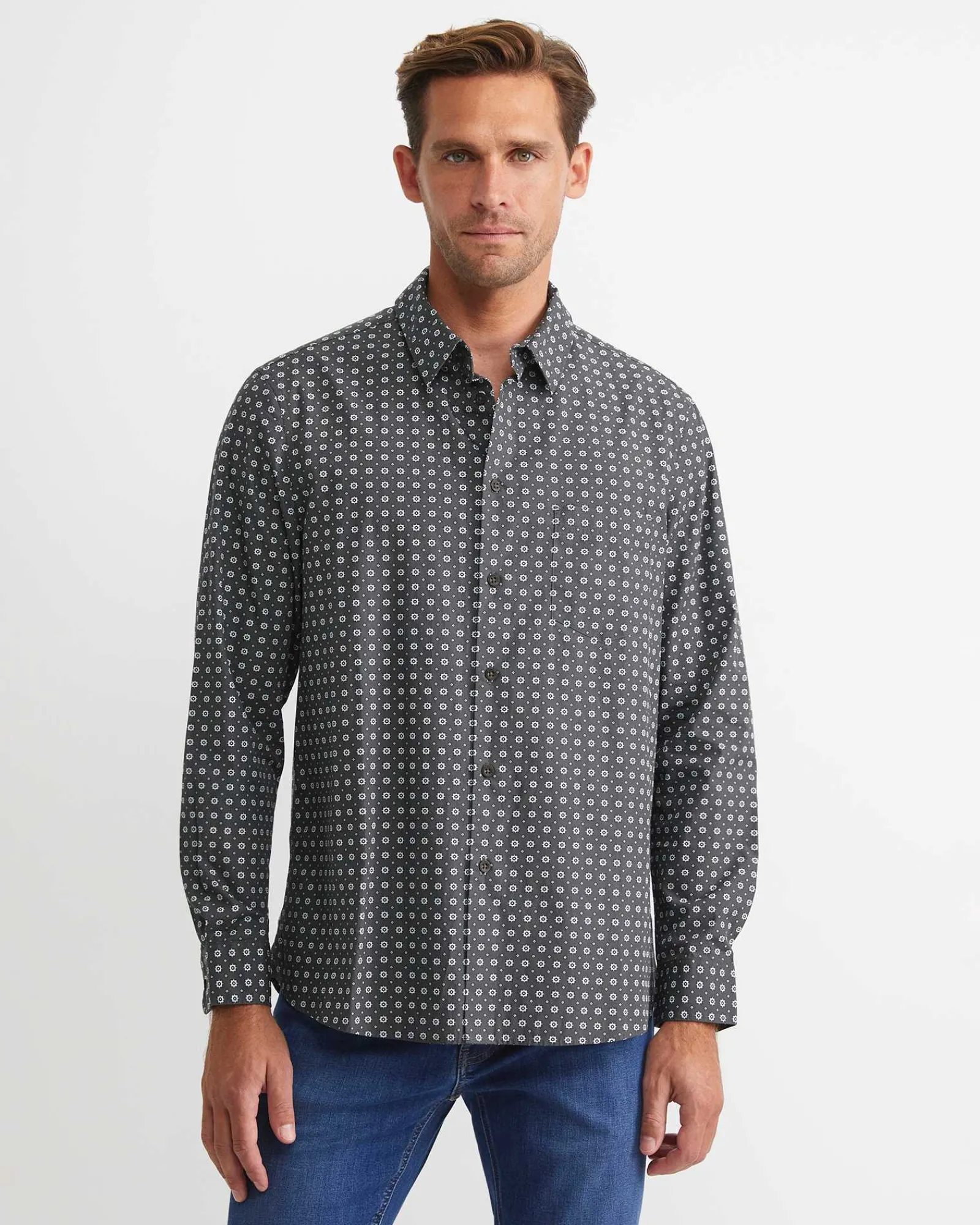 Sale Sportscraft William Long Sleeve Print Shirt in Khaki